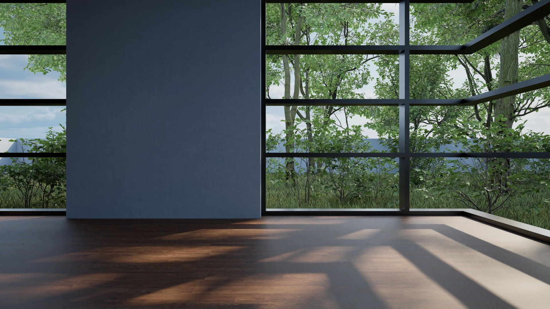 Modern spacious empty light hall room with big windows, ceramic tiles on the floor and lights on top. 3D rendering